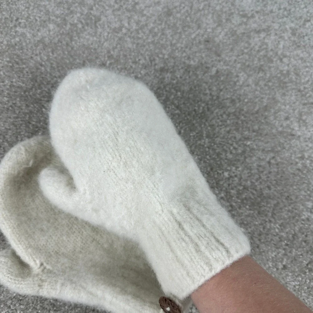Handmade Wool Knit Mittens Cream White Winter Gloves with Button Detail